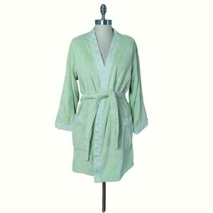 Vintage Yves Delorme Paris Green Terry Cloth Bathrobe Polka Dot Luxury Robe M